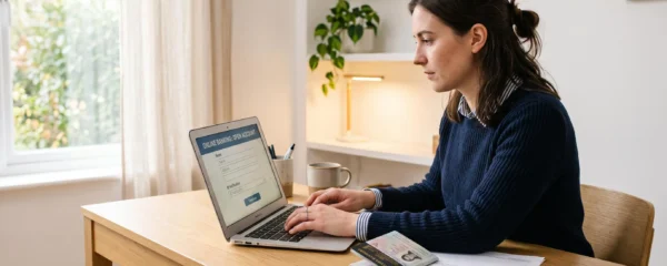 Une personne utilise un ordinateur portable pour remplir un formulaire d'ouverture de compte bancaire en ligne, des documents d'identité organisés à côté sur le bureau
