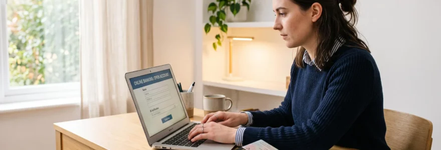 Une personne utilise un ordinateur portable pour remplir un formulaire d'ouverture de compte bancaire en ligne, des documents d'identité organisés à côté sur le bureau